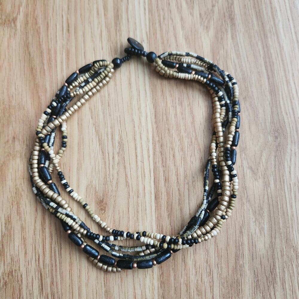 Boho 6 Strand Black Gold Wood‎ Bead Necklace 19in Statement Layered Tribal